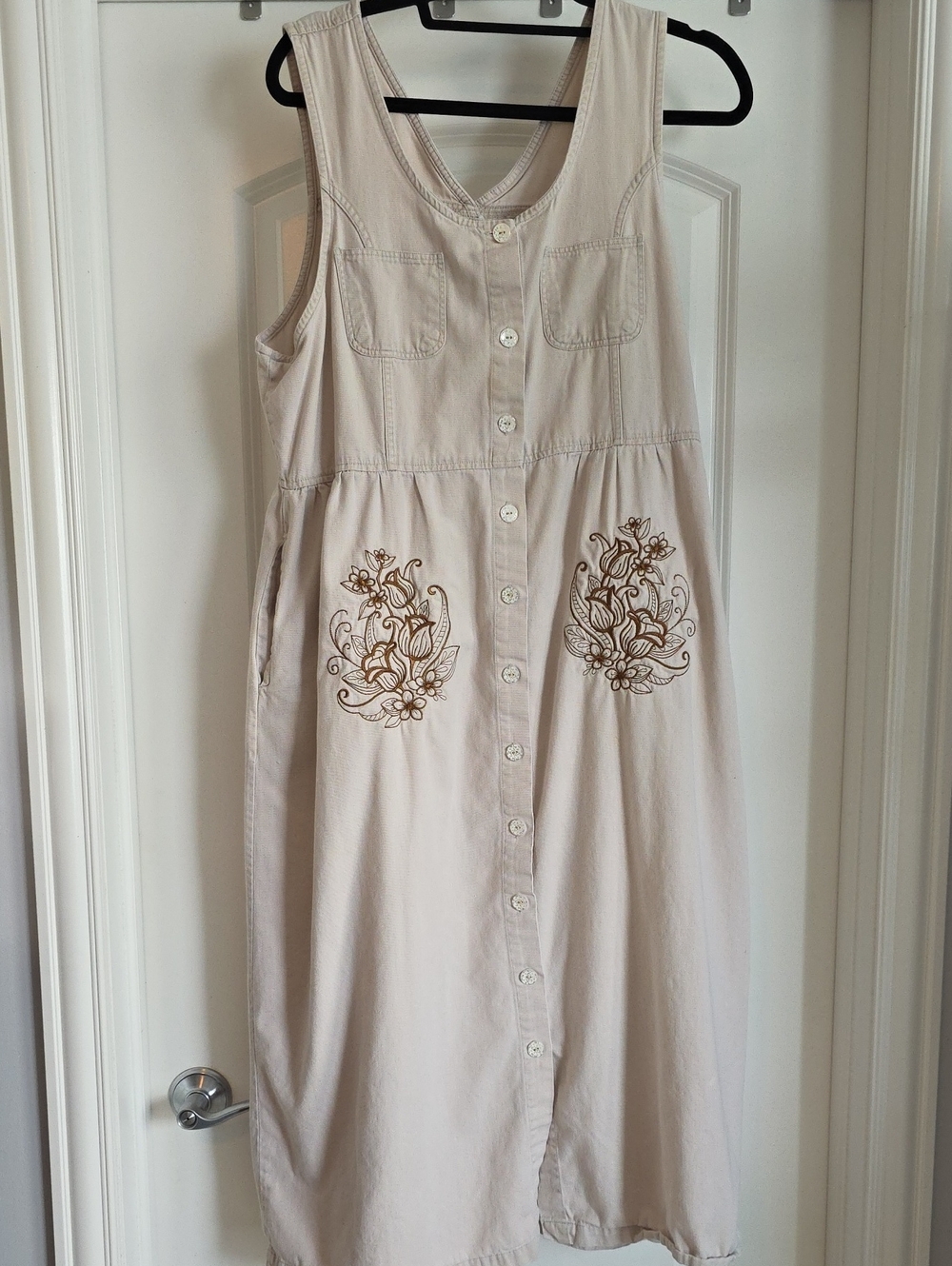 GUC Embroidery Upcycled Capacity Large Khaki Jumper Midi Dress